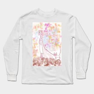 Funky girl walking funky cat Long Sleeve T-Shirt